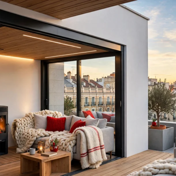 Terraza acristalada con estufa de pie, mantas y cojines de invierno, luz cálida al atardecer