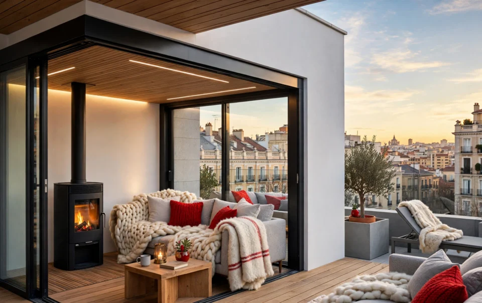 terraza acristalada con estufa de pie mantas y cojines de invierno luz cálida al atardecer