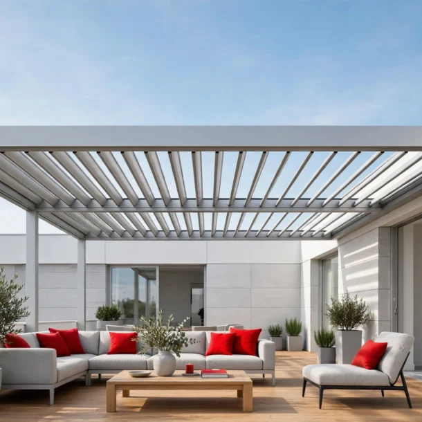 Terraza con pérgola bioclimática de lamas abiertas y cerramiento de cristal lateral en vivienda moderna