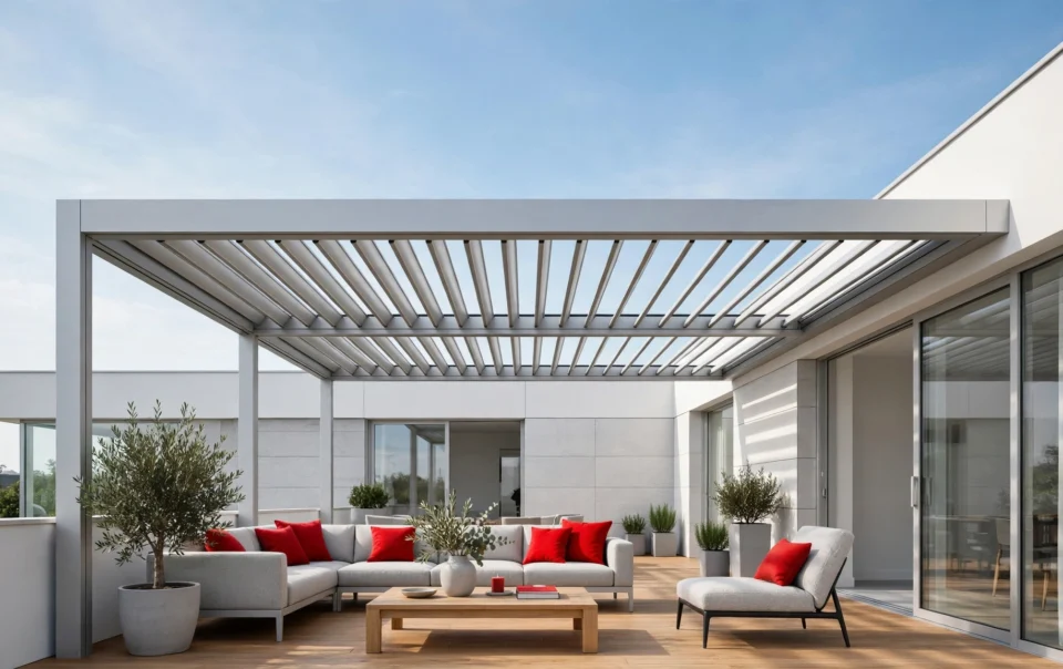 Terraza con pérgola bioclimática de lamas abiertas y cerramiento de cristal lateral en vivienda moderna