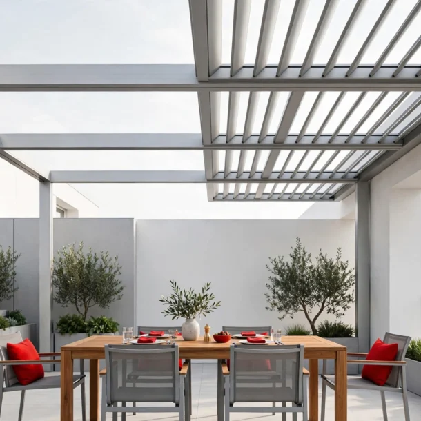 Comedor exterior con mesa de madera de teca y sillas de aluminio en terraza moderna con pérgola, luz natural cenital