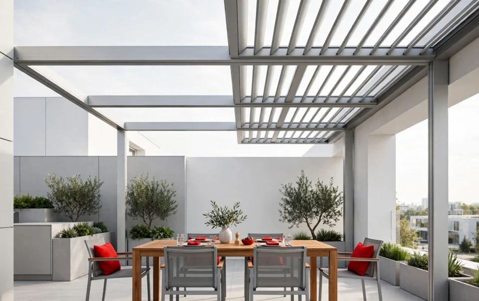 Comedor exterior con mesa de madera de teca y sillas de aluminio en terraza moderna con pérgola, luz natural cenital