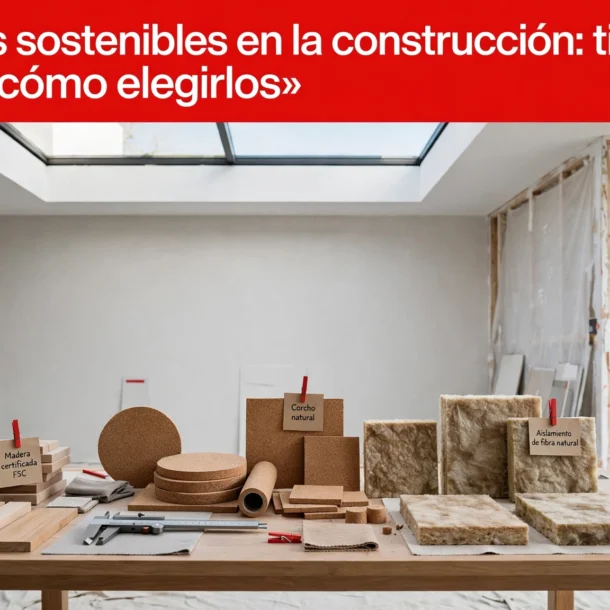 Muestras de madera certificada, corcho y panel de aislamiento natural sobre una mesa de trabajo en una vivienda en reforma