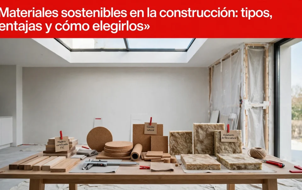 Muestras de madera certificada, corcho y panel de aislamiento natural sobre una mesa de trabajo en una vivienda en reforma