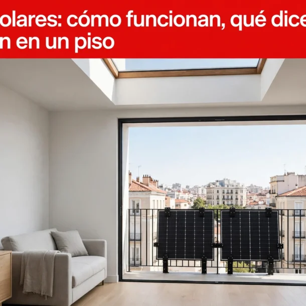 Red banner with white Spanish headline spans the top of a bright living room image showing a sofa, plant, and a wooden sideboard beneath a skylight and large glass doors opening to a balcony with solar panels and a cityscape beyond.