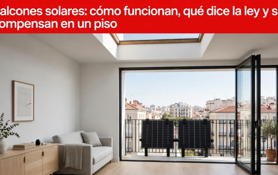 Red banner with white Spanish headline spans the top of a bright living room image showing a sofa, plant, and a wooden sideboard beneath a skylight and large glass doors opening to a balcony with solar panels and a cityscape beyond.