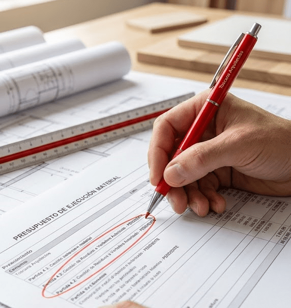 arquitecto revisando con bolígrafo rojo un presupuesto de obra para detectar costes ocultos y partidas olvidadas