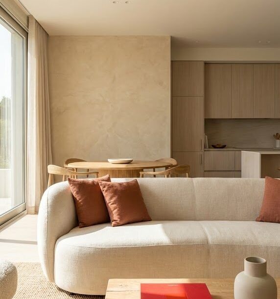 Salón de diseño minimalista cálido con muebles orgánicos y luz natural, ejemplo de tendencias de arquitectura 2026