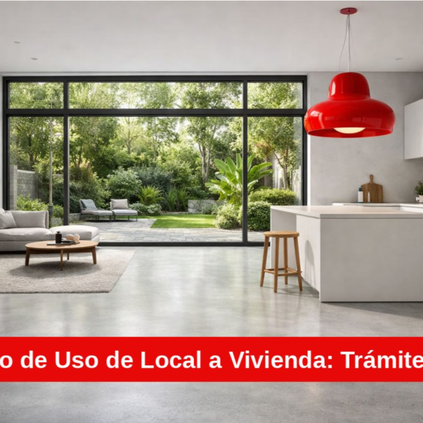 Render 3D de interior de vivienda moderna resultado de cambio de uso de local comercial, con ventanales al exterior, distribución abierta cocina-salón y acabados minimalistas en tonos blancos y madera natural, proyecto de Toscana Arquitectos