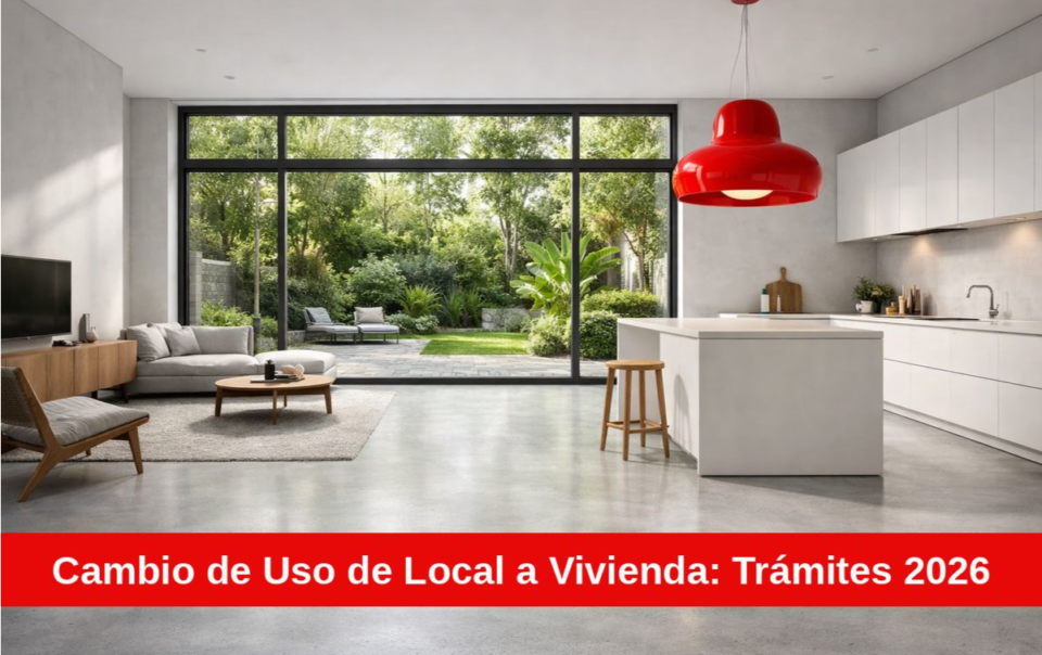 render 3d de interior de vivienda moderna resultado de cambio de uso de local comercial con ventanales al exterior distribución abierta cocina salón y acabados minimalistas en tonos blancos y madera natural proyecto de toscana arquitectos