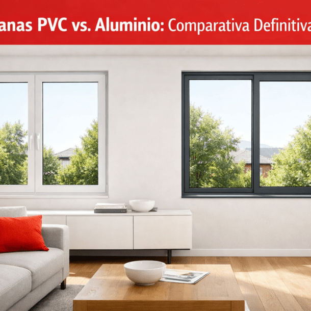 Render 3D comparativo de ventanas de PVC blanco multicámara y aluminio gris con rotura puente térmico en salón moderno con luz natural diseñado por Toscana Arquitectos