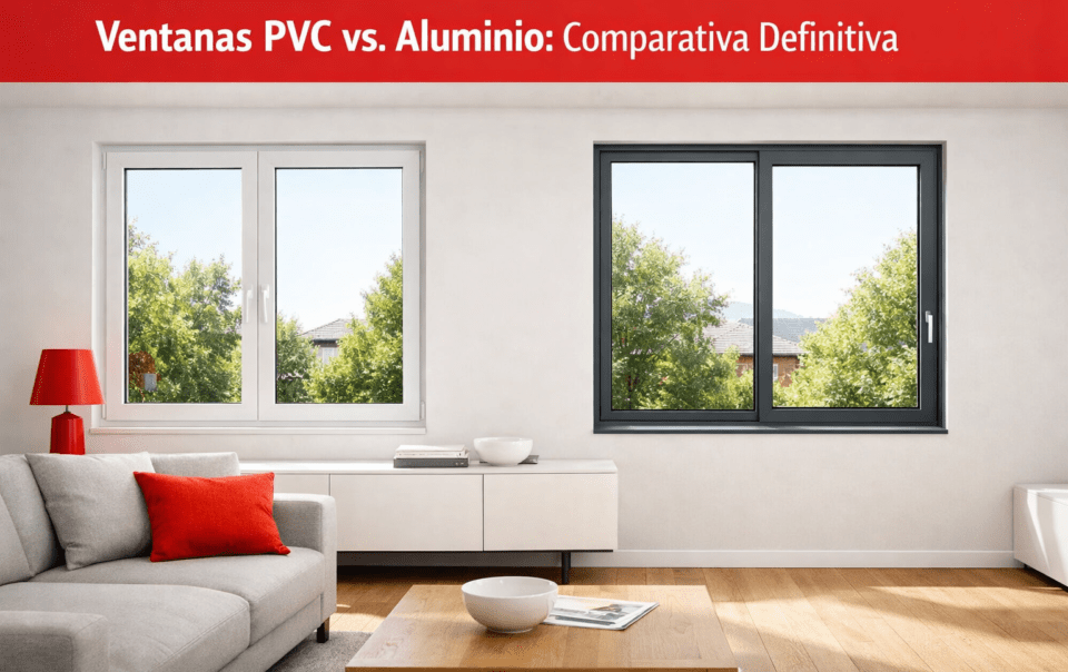 render 3d comparativo de ventanas de pvc blanco multicámara y aluminio gris con rotura puente térmico en salón moderno con luz natural diseñado por toscana arquitectos
