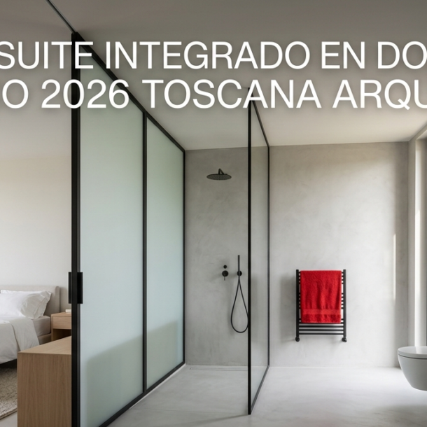 Render 3D de baño en suite moderno integrado en dormitorio principal, mampara de cristal esmerilado, microcemento gris, sanitarios suspendidos blancos y grifería negra mate, por Toscana Arquitectos