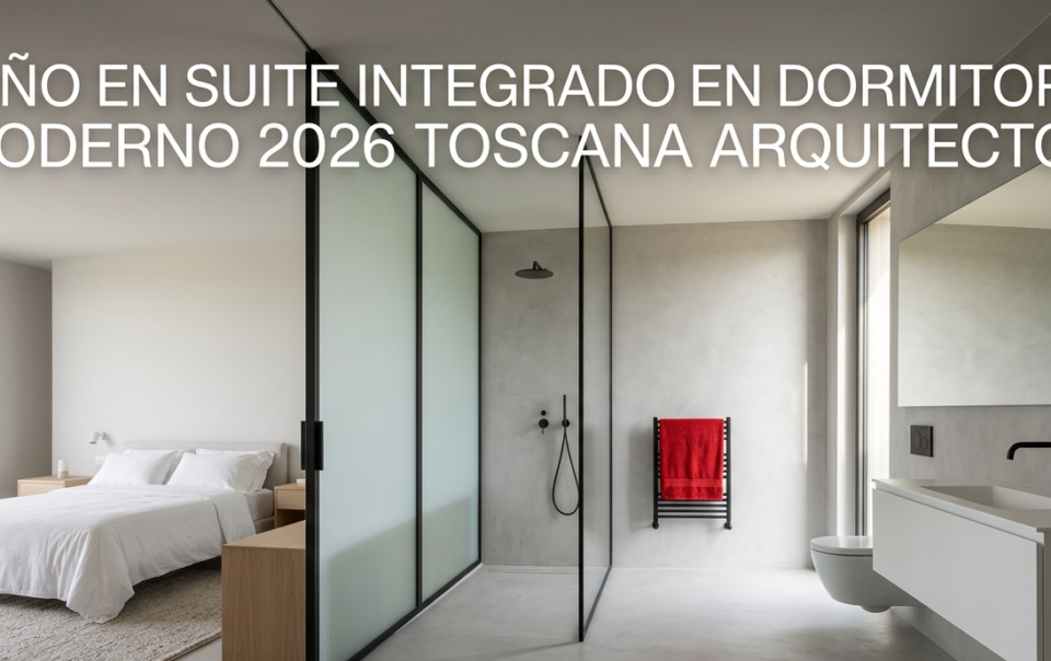 render 3d de baño en suite moderno integrado en dormitorio principal mampara de cristal esmerilado microcemento gris sanitarios suspendidos blancos y grifería negra mate por toscana arquitectos