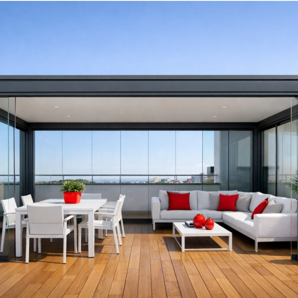 Render 3D de terraza moderna cerrada con cortina de cristal plegable, estructura de aluminio gris mate, iluminación natural lateral, suelo de madera exterior tratada y detalle en rojo corporativo, estilo arquitectónico contemporáneo por Toscana Arquitectos