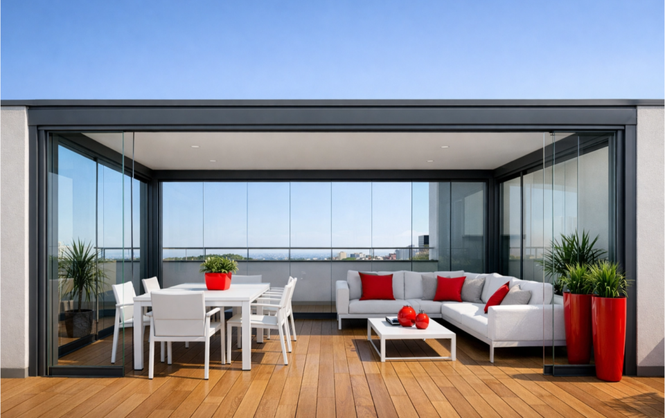 render 3d de terraza moderna cerrada con cortina de cristal plegable estructura de aluminio gris mate iluminación natural lateral suelo de madera exterior tratada y detalle en rojo corporativo estilo arquitectónico contemporáneo por toscana arquitectos