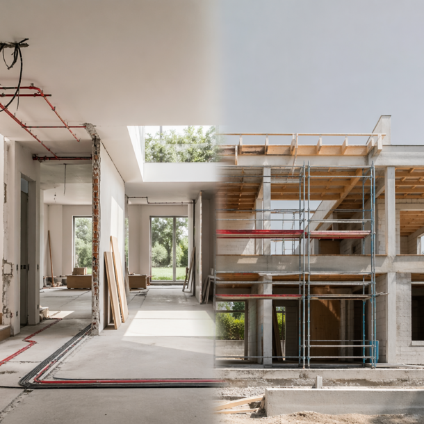 Split view of a construction site: left shows an unfinished interior with exposed pipes, wires, and a staircase; right shows a scaffolded concrete structure under construction.