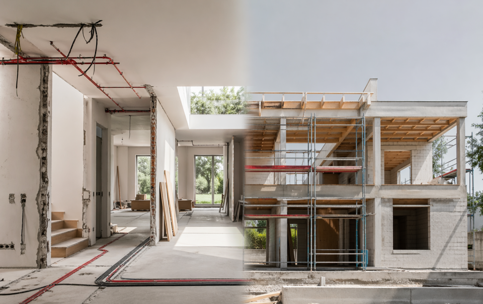 split view of a construction site left shows an unfinished interior with exposed pipes wires and a staircase right shows a scaffolded concrete structure under construction