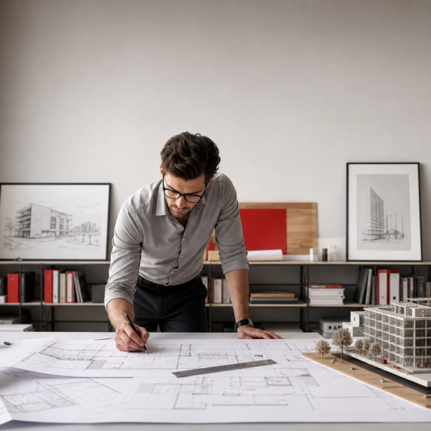 Arquitecto revisando planos de proyecto de reforma integral en estudio de arquitectura moderno, Madrid