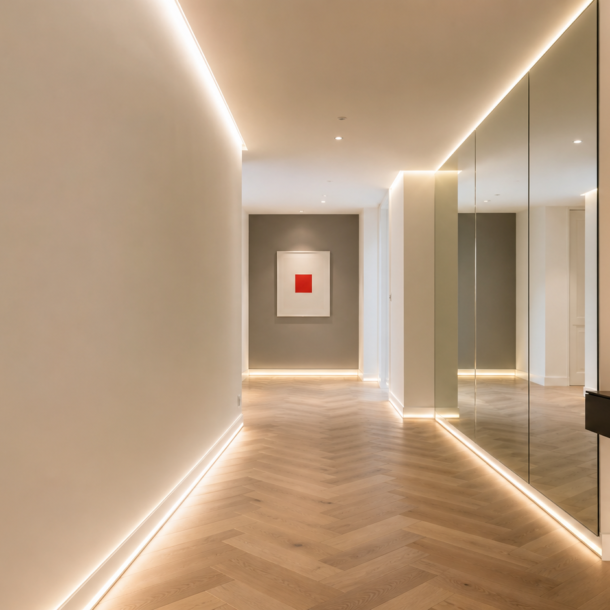 Pasillo largo de vivienda reformada con iluminación LED rasante en pared blanca y suelo de madera natural en espiga, Madrid