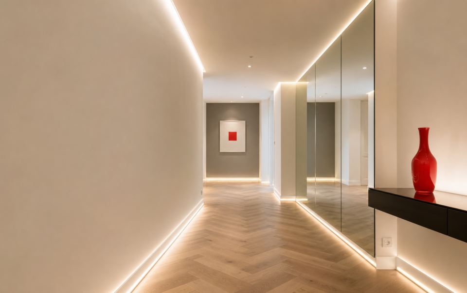 pasillo largo de vivienda reformada con iluminación led rasante en pared blanca y suelo de madera natural en espiga madrid