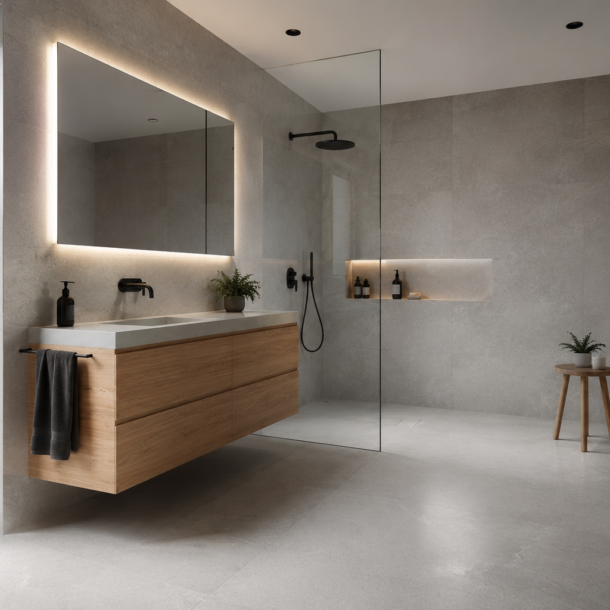 Baño reformado con porcelánico gris, mueble de madera natural y mampara de vidrio templado, vivienda en Madrid