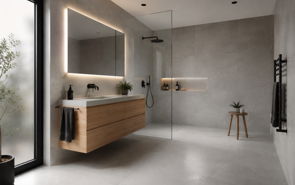 Baño reformado con porcelánico gris, mueble de madera natural y mampara de vidrio templado, vivienda en Madrid