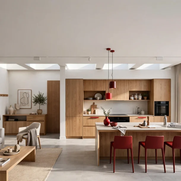 Reforma integral de piso en Madrid con cocina abierta, suelo porcelánico y detalles en rojo, estudio Toscana Arquitectos