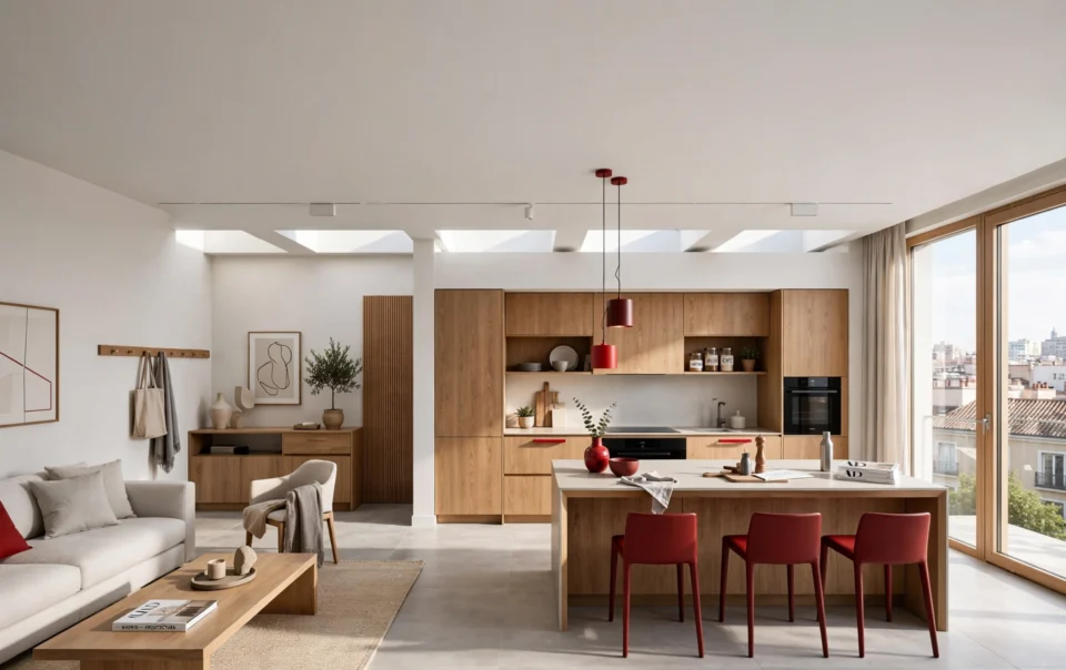 reforma integral de piso en madrid con cocina abierta suelo porcelánico y detalles en rojo estudio toscana arquitectos