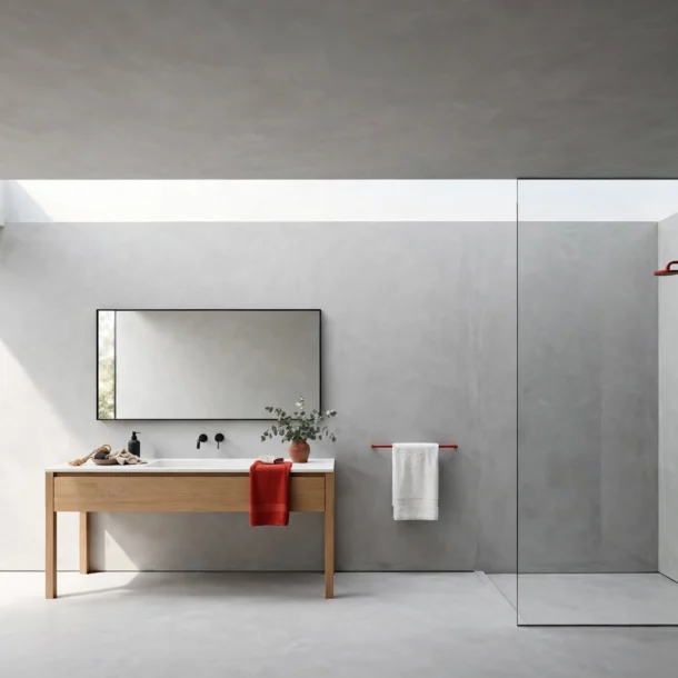 Baño reformado con microcemento continuo gris claro, plato de ducha enrasado y mampara de vidrio