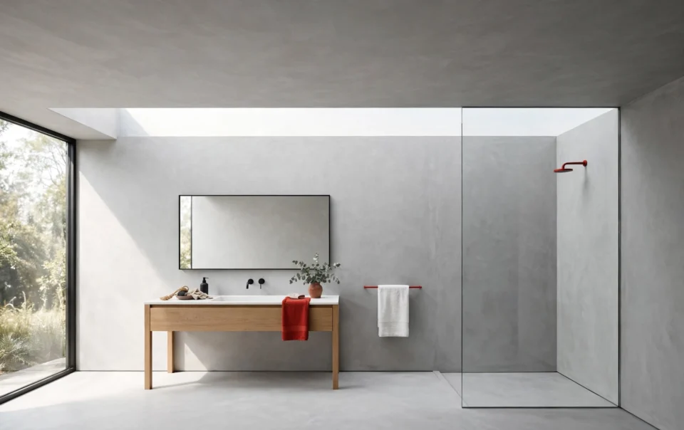 Baño reformado con microcemento continuo gris claro, plato de ducha enrasado y mampara de vidrio