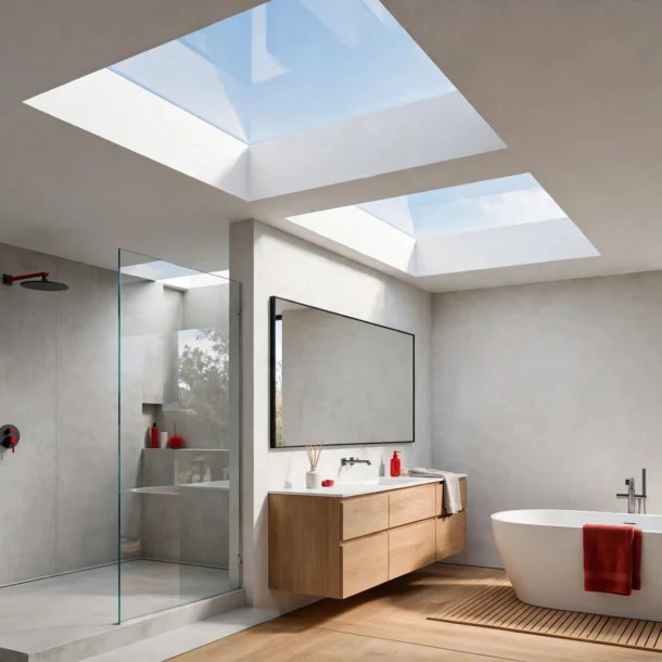 Baño moderno reformado con mampara de ducha de vidrio templado y plato extragrande, acabado en microcemento gris