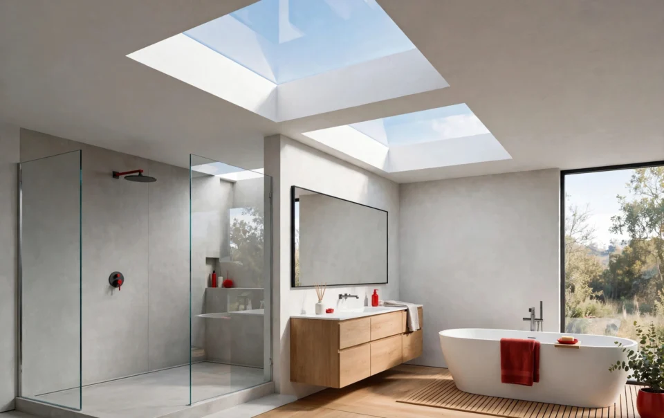 Baño moderno reformado con mampara de ducha de vidrio templado y plato extragrande, acabado en microcemento gris