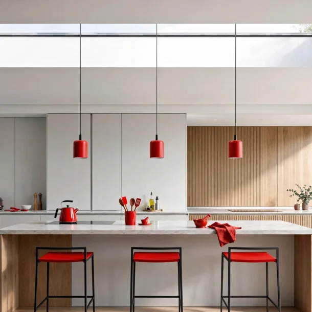Cocina reformada en Madrid con isla central, encimera de cuarzo y detalles en rojo, Toscana Arquitectos