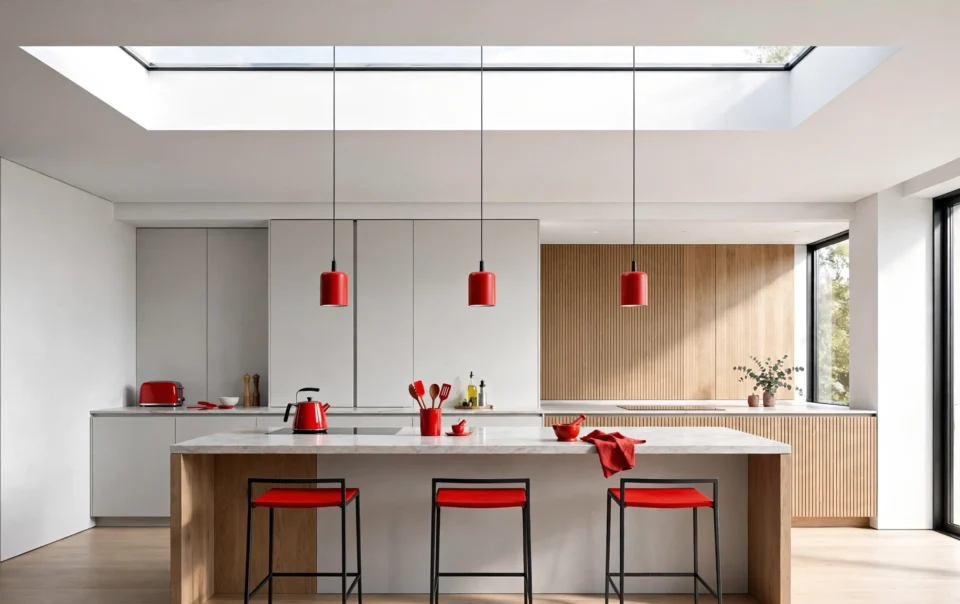 Cocina reformada en Madrid con isla central, encimera de cuarzo y detalles en rojo, Toscana Arquitectos