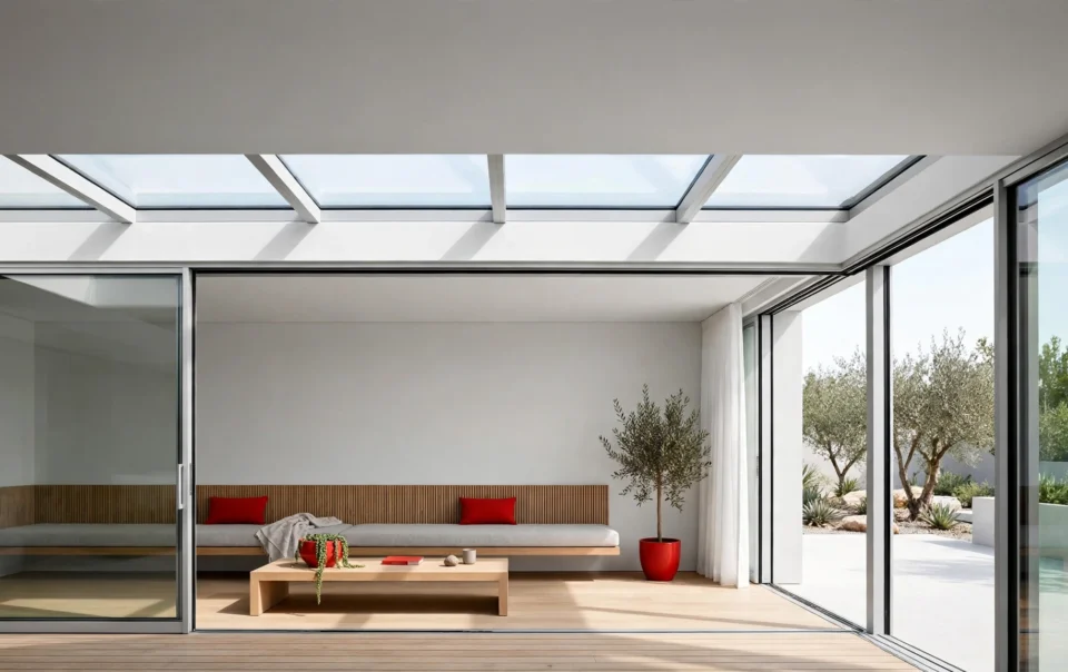Terraza acristalada con cerramiento de aluminio y mobiliario exterior en vivienda de Madrid