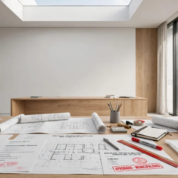 Mesa de despacho con planos arquitectónicos, sellos municipales y documentación de licencia de obra en estudio de arquitectura en Madrid