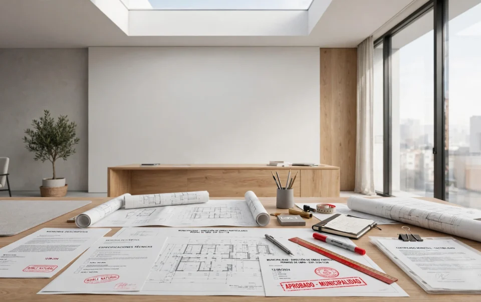 Mesa de despacho con planos arquitectónicos, sellos municipales y documentación de licencia de obra en estudio de arquitectura en Madrid