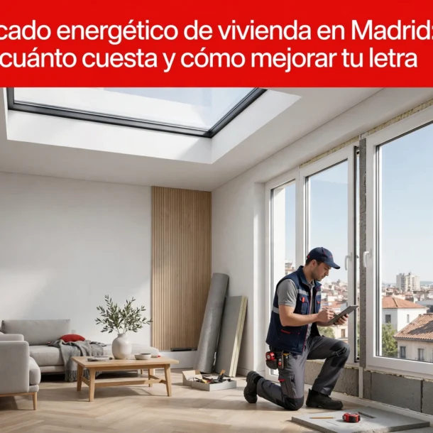 Salón luminoso de una vivienda en Madrid con ventanas de carpintería PVC y suelo de madera natural, técnico revisando el aislamiento para el certificado energético
