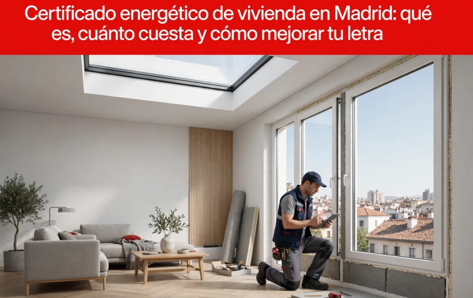 Salón luminoso de una vivienda en Madrid con ventanas de carpintería PVC y suelo de madera natural, técnico revisando el aislamiento para el certificado energético