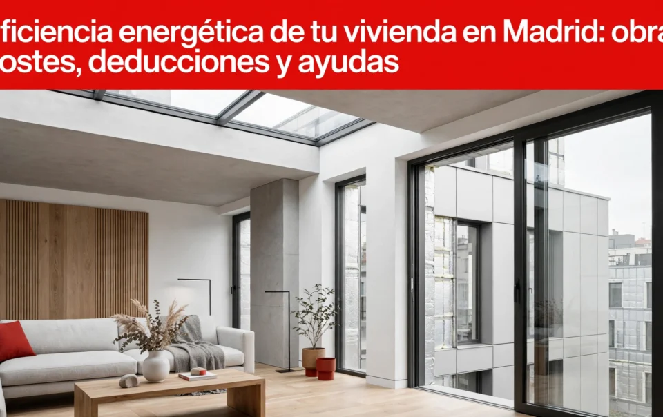 Salón luminoso de una vivienda reformada en Madrid con ventanas de altas prestaciones, fachada aislada y suelo de madera natural
