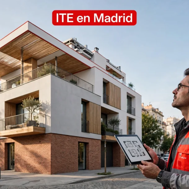 Arquitecto con tablet inspeccionando la fachada de ladrillo visto y la cubierta de un edificio residencial de viviendas en Madrid durante una ITE