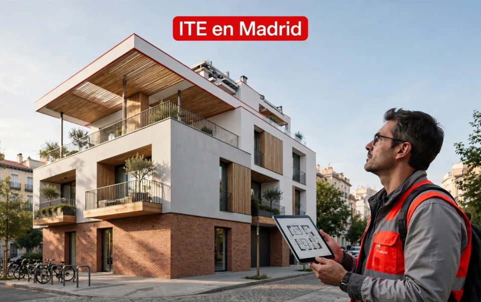Arquitecto con tablet inspeccionando la fachada de ladrillo visto y la cubierta de un edificio residencial de viviendas en Madrid durante una ITE